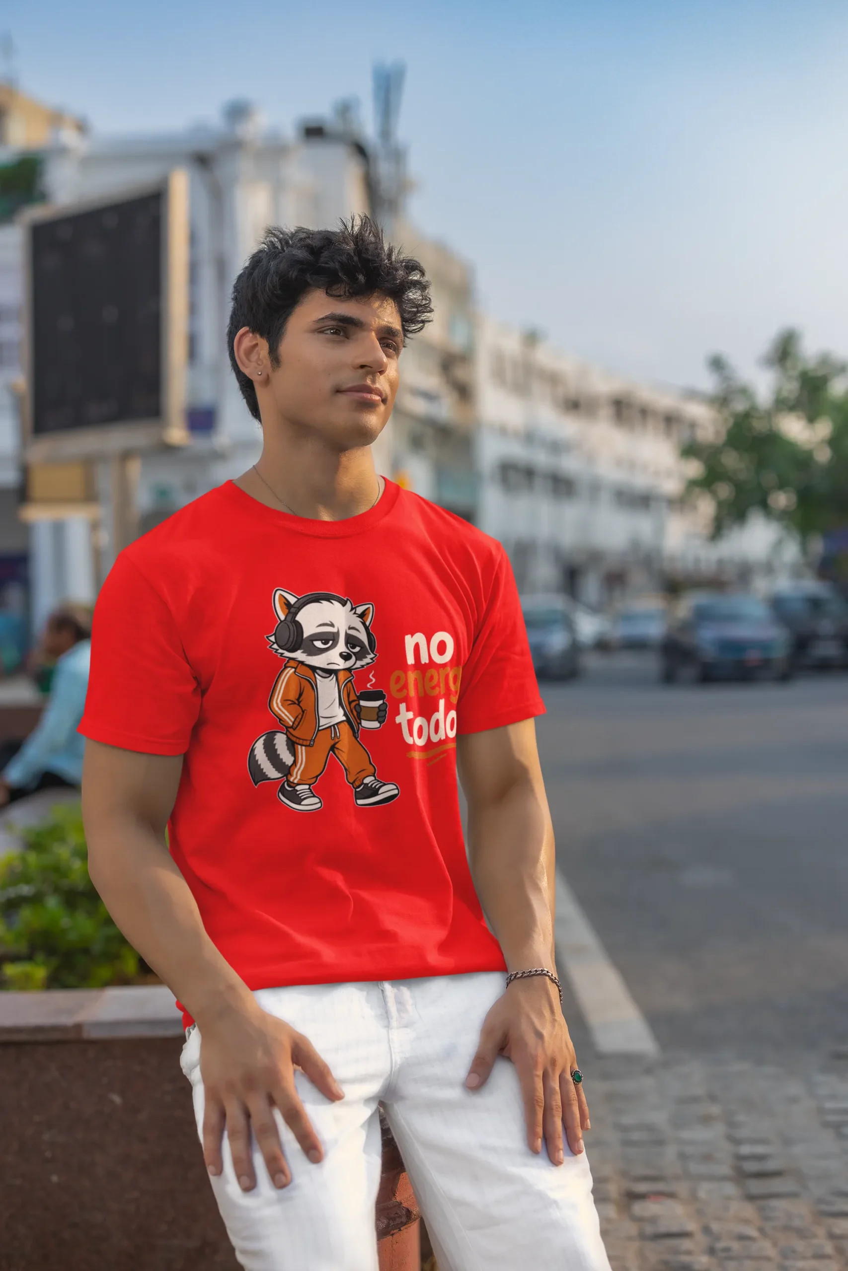 mockup-of-a-man-wearing-a-rounded-neck-t-shirt-from-gildan-m39177 (1) No Energy Today Raccoon Graphic T-Shirt | Round Neck - Image 1