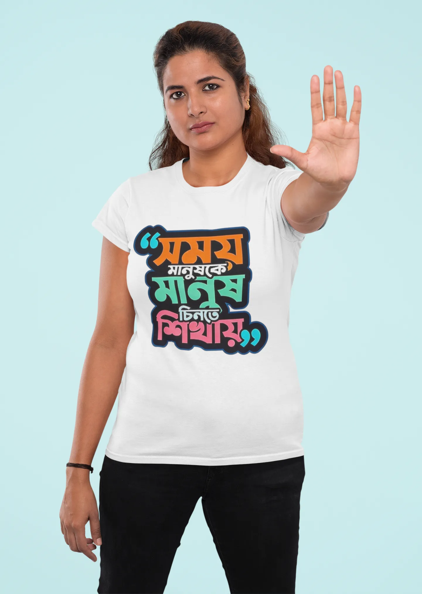 t-shirt-mockup-featuring-a-woman-doing-a-halt-sign-with-her-hand-31953 (1) Time teaches people | Regular Round neck - Image 1