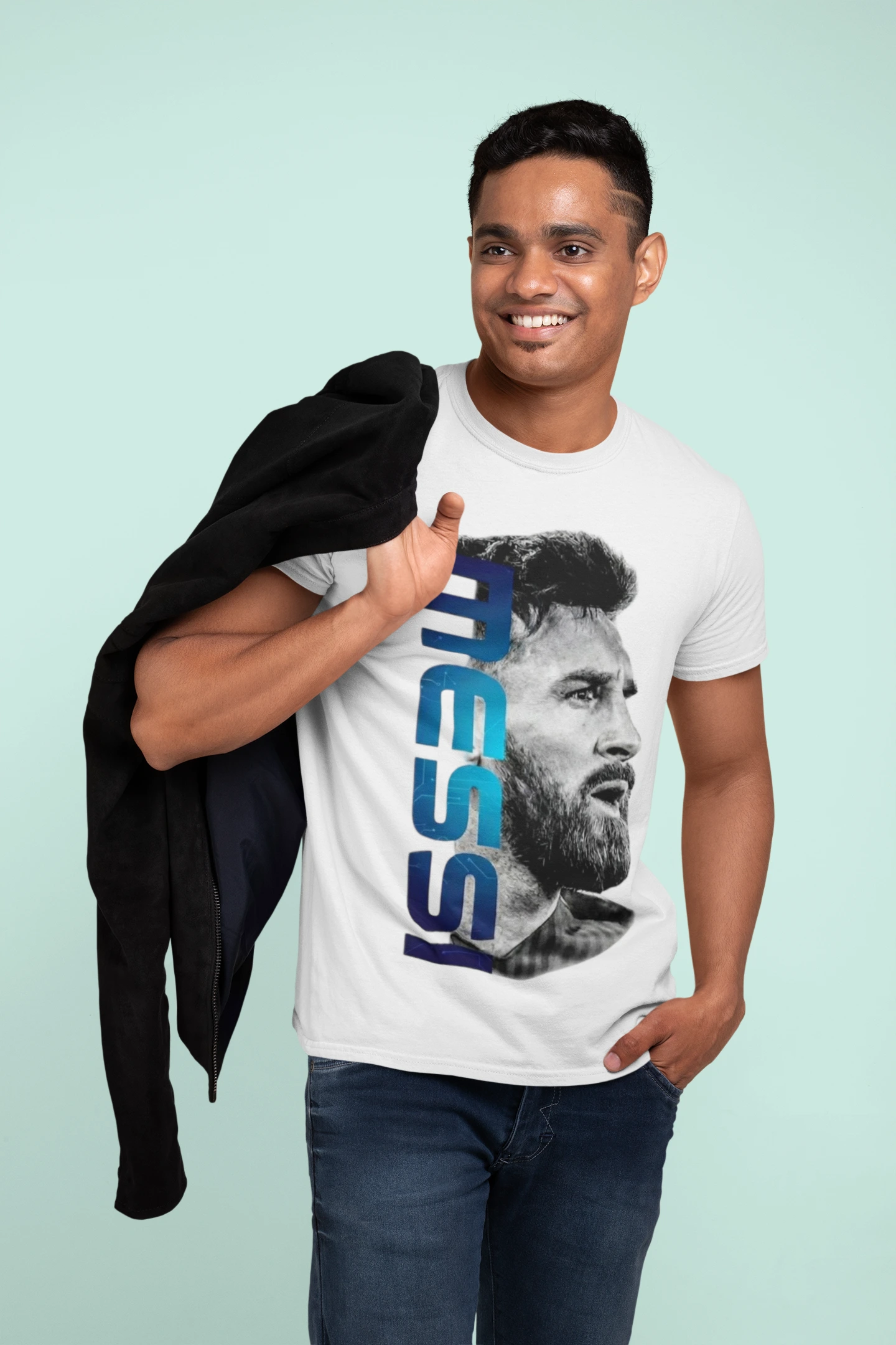 t-shirt-mockup-of-a-man-holding-a-jacket-over-his-shoulder-28952 Messi Portrait Graphic Regular T-Shirt - Image 1