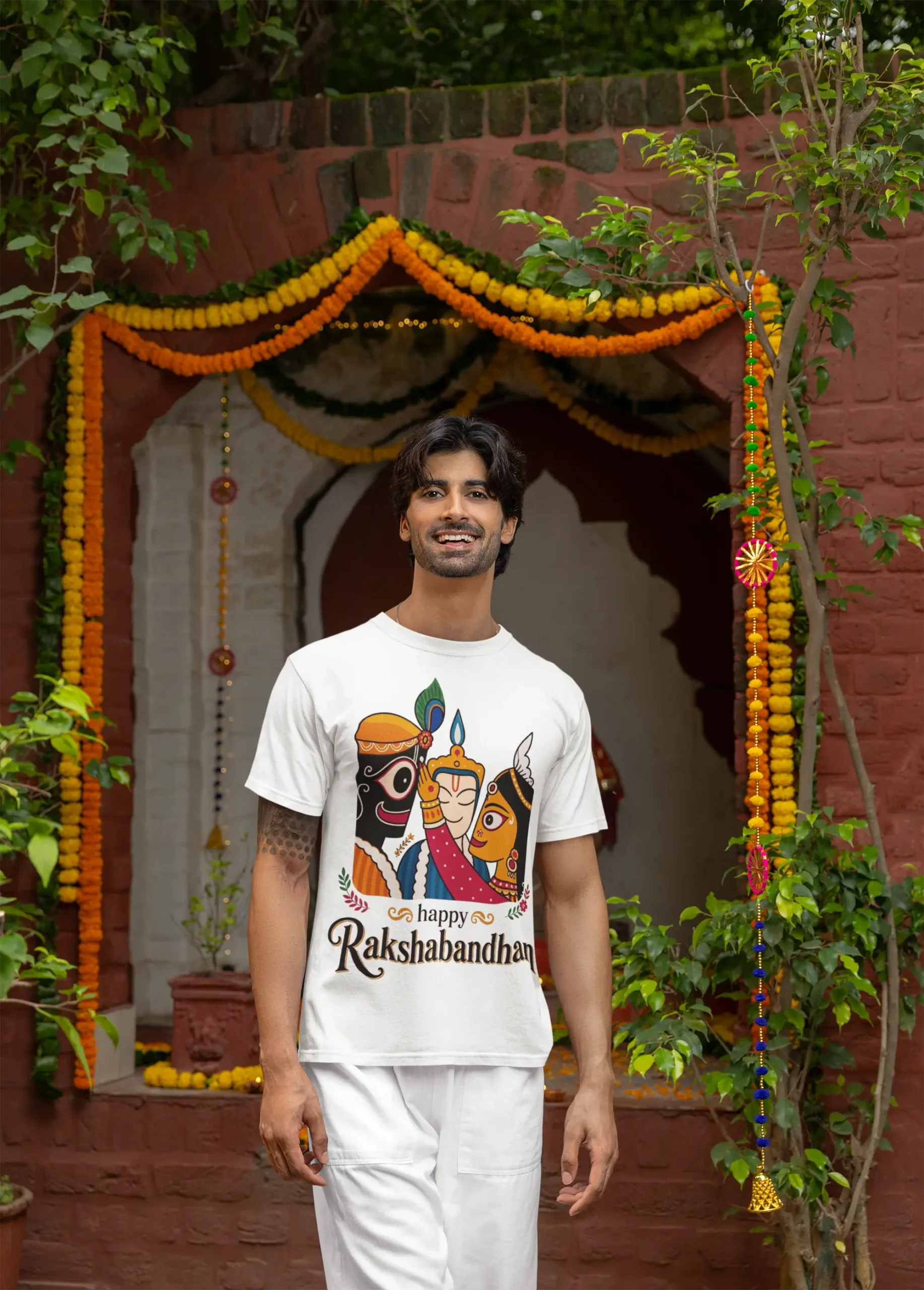 gildan-t-shirt-mockup-featuring-a-happy-tattooed-man-celebrating-diwali-m36003 Happy Raksha Bandhan T-Shirt – Regular Fit - Image 1