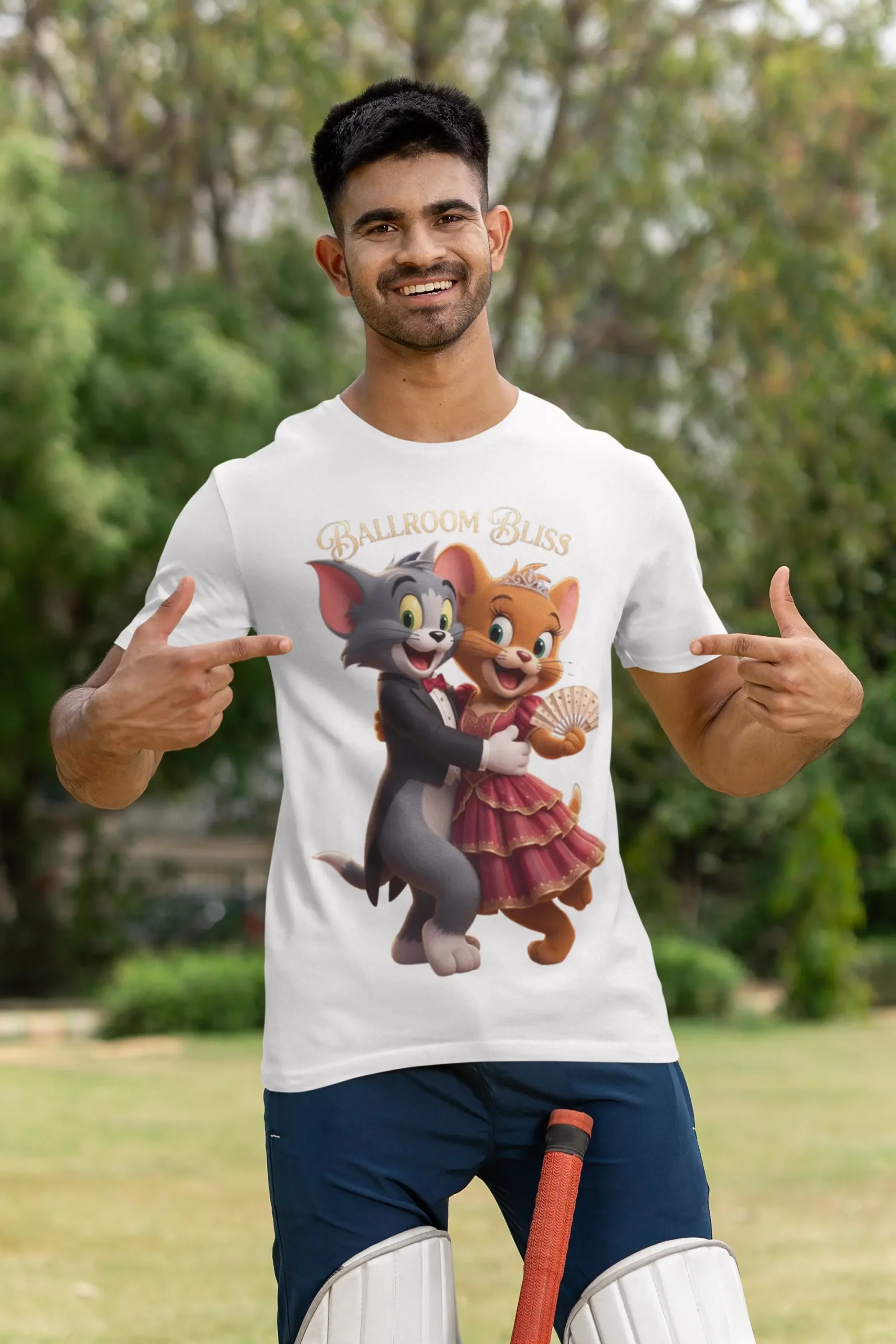 mockup-of-a-smiling-cricket-player-pointing-at-his-crewneck-t-shirt-m39971 (4) Ballroom Bliss Cat Couple Graphic T-Shirt – Regular Fit - Image 1