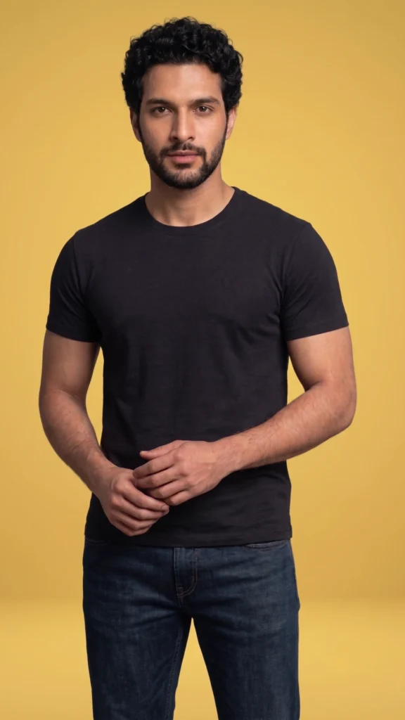 Black regular-fit T-shirt on model